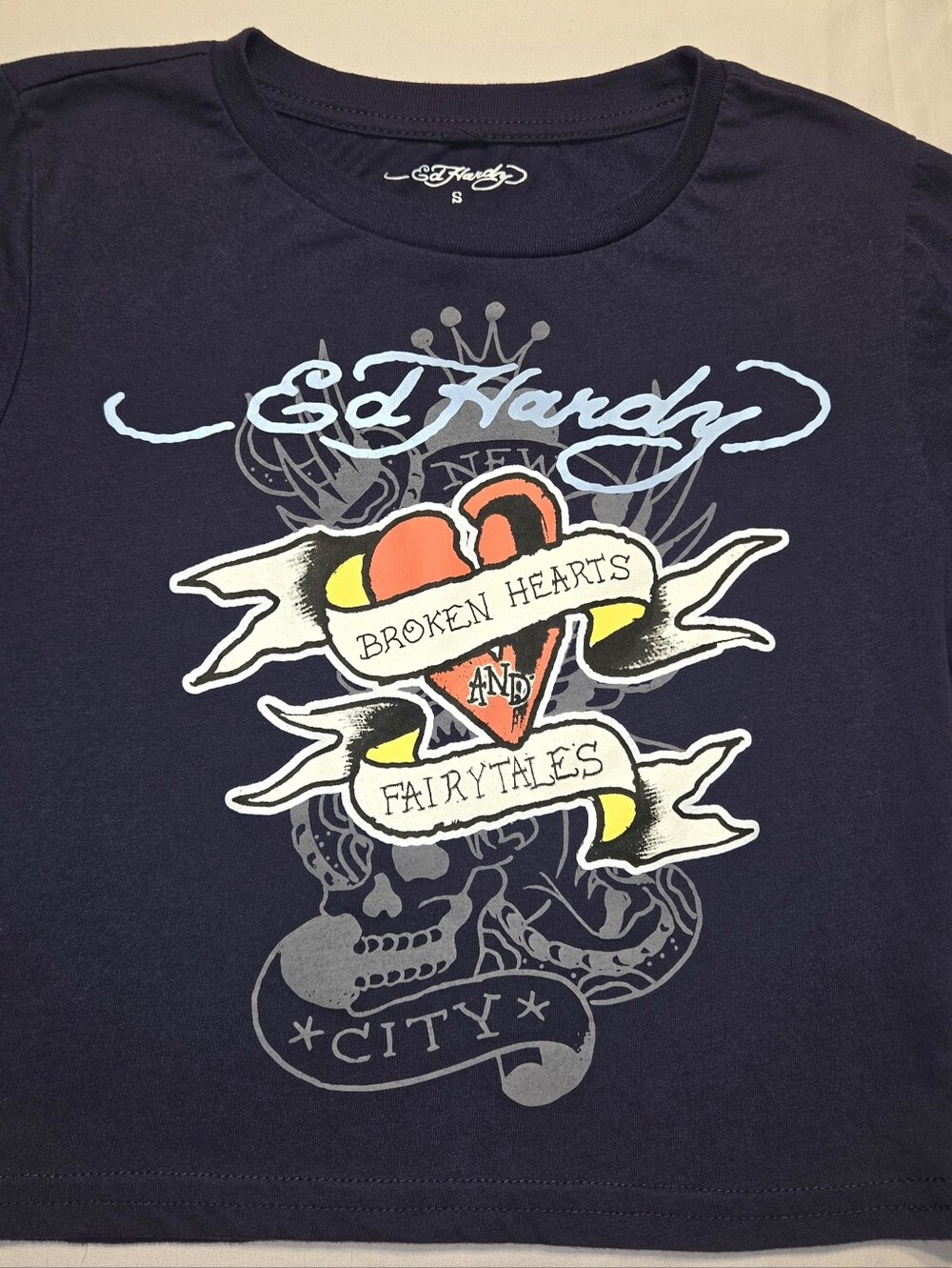 Ed Hardy Navy Blue Kids Graphic Tee with Red & Yellow Heart Art